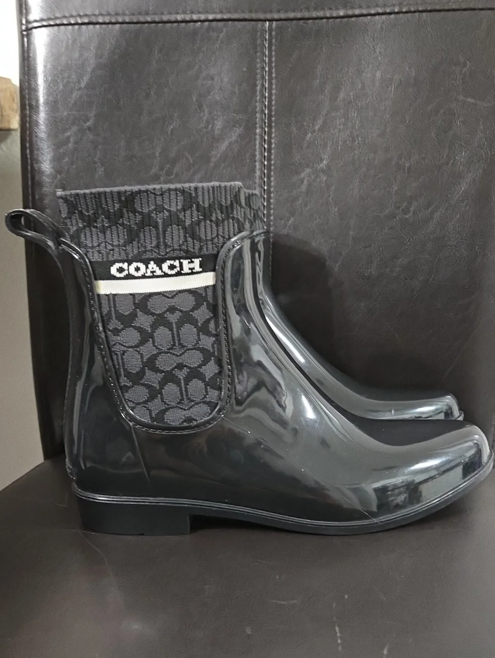 Coach Glossy Black Signature Chelsea Rain Booties